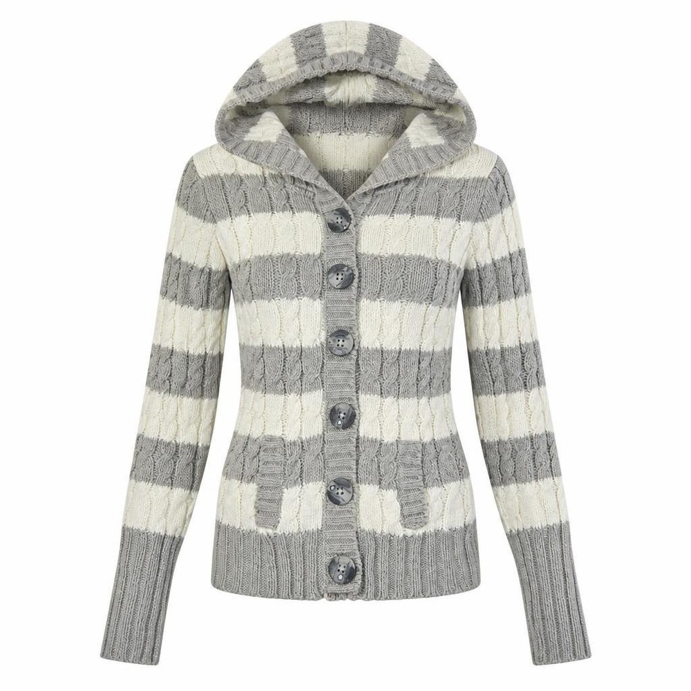 Y2K Aeropostale Hooded Cardigan L Gray Stripe Cable Knit Bella Swan Twilight VTG